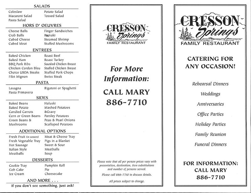 cresson springs catering menu cresson pennsylvania